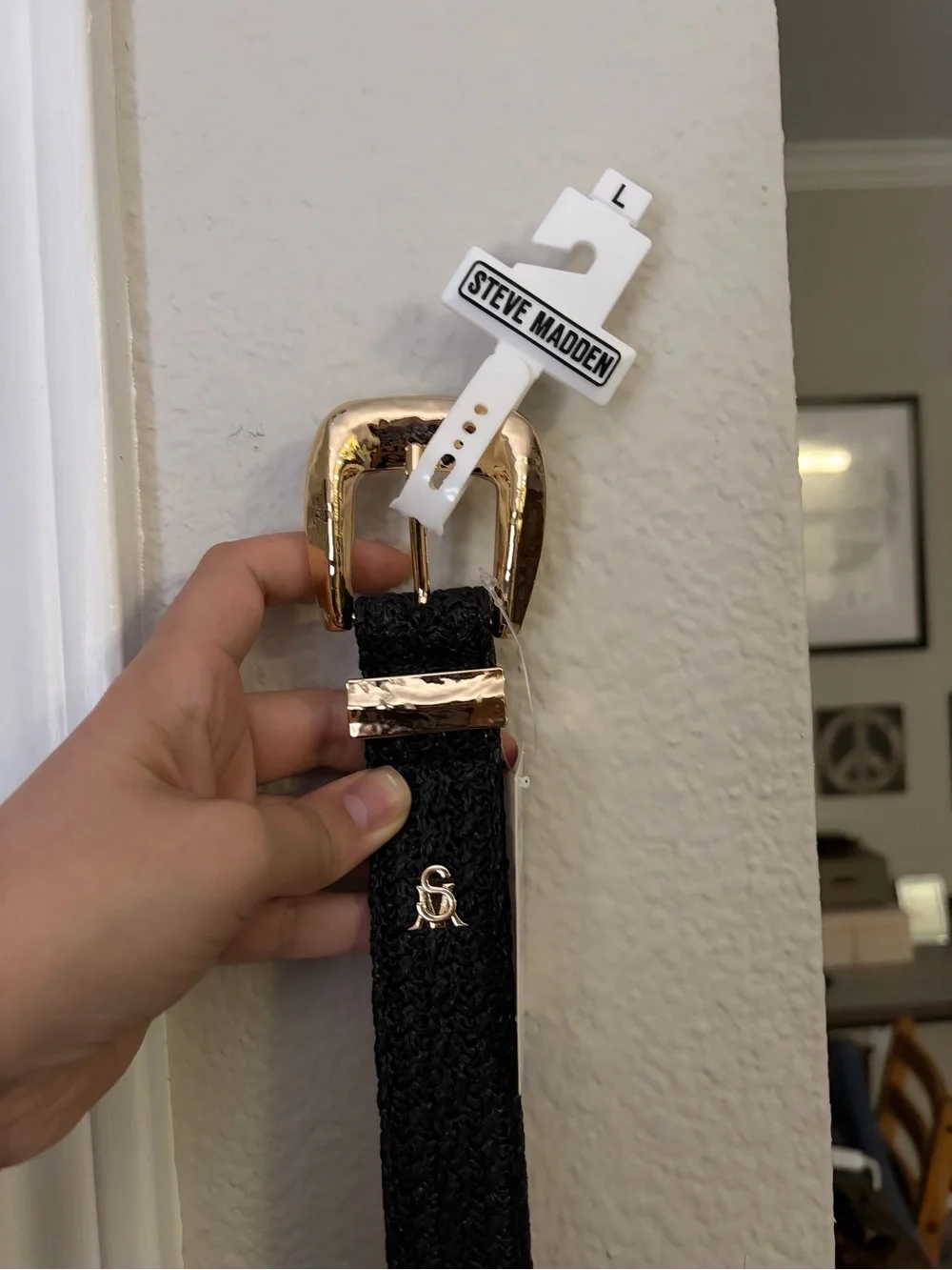 NWT Steve Madden Black Woven Belt with Gold Buckle